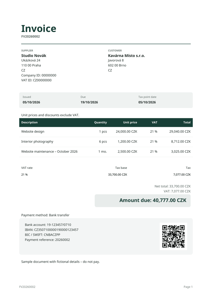 Sample invoice FV20260002 as a PDF: supplier Studio Novák, customer Kavárna Místo s.r.o., three items, a 21 % VAT summary, an amount due of 40,777.00 CZK and a QR code for payment.