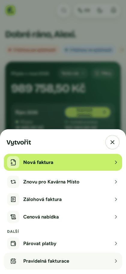 Nabídka pro vytvoření nového dokladu v telefonu.
