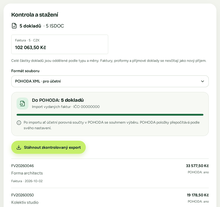 Kontrola exportu ve Fakturiu: pět faktur v korunách připravených pro POHODU a tlačítko pro stažení zkontrolovaného exportu.